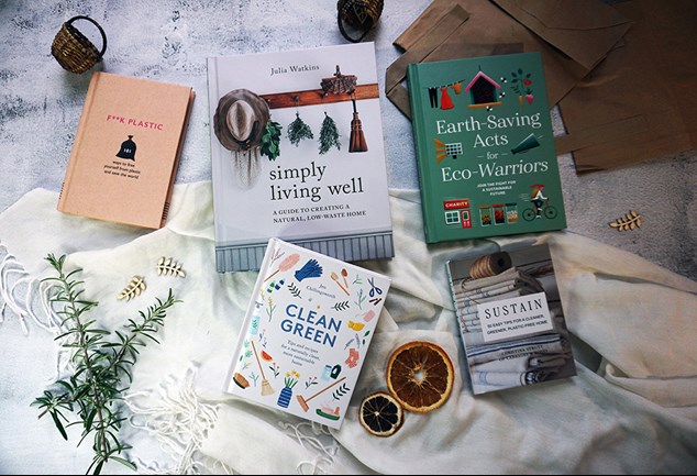 Selection of sustainability books on a pale background.