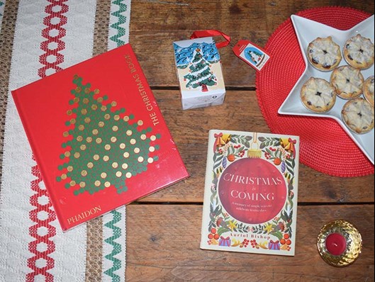 Festive books laid out in a display